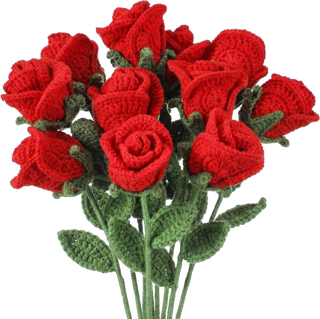 Shihanee 10 Pcs Valentine's Day Red Crochet Roses Bouquet, Handmade Knitted Flowers, Forever Artificial Roses Gift for Women Wife Mother Friend