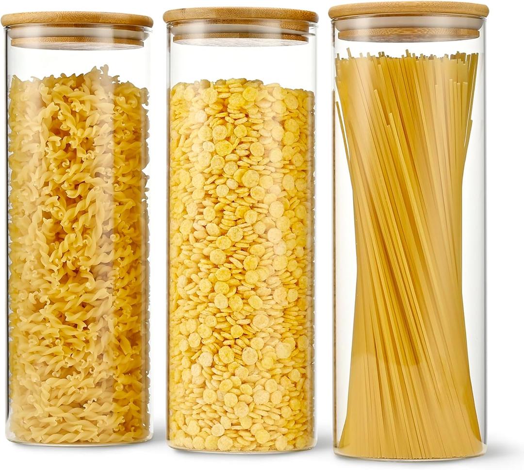 D2scrma 70oz Straight cylindrical Airtight Storage Jars with Bamboo Lid Set of 3 Storage Container Glass Jars, Kitchen Canister for Noodles, Pasta and Coffee beans (‎with Black Lable)
