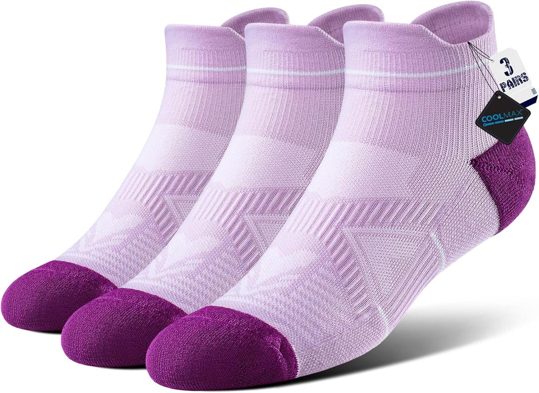 BRISIRA Coolmax Bamboo Viscose Women Compression Running Ankle Socks No Show Athletic Wicking Thick Cushioned Arch Support (8-10, 3 Pairs Purple High)