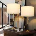 26.4" Set of 2 Modern Living Room Table Lamp for End Tables Bedside Lamps for Bedroom 3-Color Temperatures Pull Chain Switch Lamp Wood Fabric for Home/Office/Desk Decor (Light Brown+Brass)