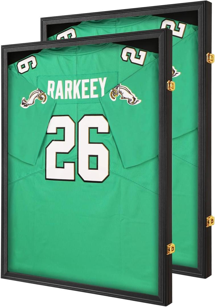 Jersey Frame Display Case 2 Pack for Wall ,Large Lockable T-Shirt Shadow Box with Clear UV Protection Acrylic & Hangers for Football Basketball Baseball Soccer Hockey, Matte Black