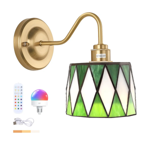 Vintage Battery Operated Wall Sconce with Remote, Rechargeable LED Wall Lamp 3 Colors Dimmable, Gold Wall Lights Fixture for Bedroom Bathroom Living Room Hallway Green Checker