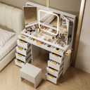 Pamapic 11 Drawers Vanity Desk with Foldable Mirror, Glass Top Makeup Vanity with LED Lights, 3 Lighting Modes, Golden Handles Dressing Table with Chair and Power Outlet (White)