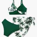 Girls Swimsuit, Bathing Suits 3 Piece Tropical Floral Twist Cross Bikini Sets Girls' Swimwear with Cover Up Skirt 9-10Y