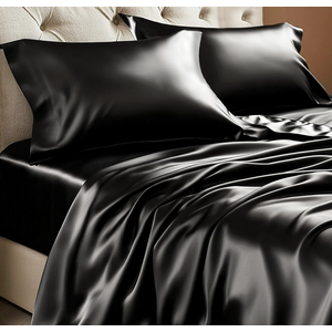 BEDELITE King Size Sheets Set, Luxury Soft Black Satin Sheets for Hair and Skin, Similar to Silk Bed Sheets Set 4 Pieces with 1 Deep Pocket Fitted Sheet, 1 Flat Sheet, and 2 Pillowcases