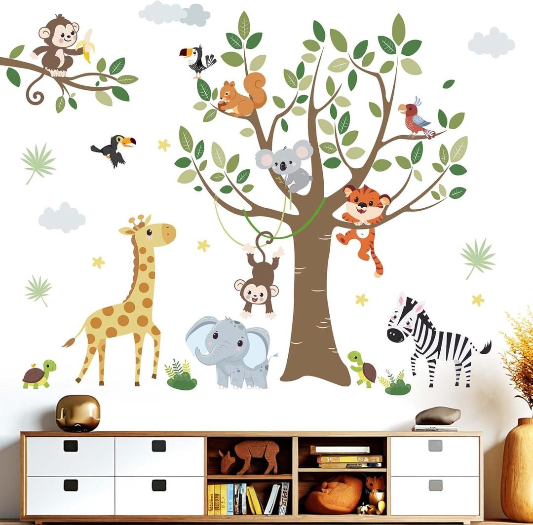 Jungle Animals Wall Decals for Baby: Peel and Stick Monkey Elephant Giraffe Tiger Wall Stickers - Wall Decor Art Kids Supplies Ages 1-12 Years