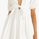 Women's Cute Summer Short Puff Sleeve Tie Cotton Mini Dress, XS