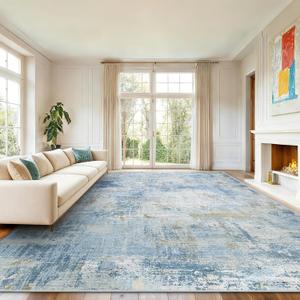 8x10 Area Rugs for Living Room, Modern Abstract Washable Rug with Non-Slip Backing & Low Pile, Large Washable Rug with Abstract Pattern for Bedroom, Dinning Room, Home Office, Light Blue