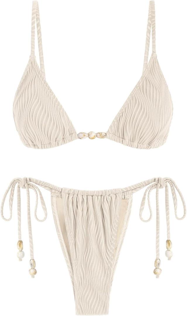 seamoly Women's Bikini Sets Ribbed Beaded Adjustable Spaghetti Strap Swimsuit Tie Side Thong Sexy 2 Piece Bathing Suit (Yellow, M)
