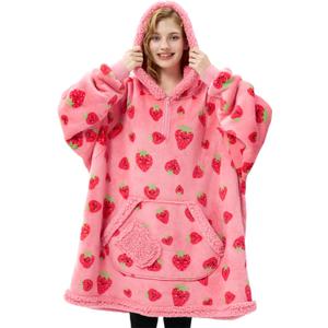 Giggling Getup Wearable Blanket Hoodie for Adults Gifts for Teen Girls Sister Women Sherpa Fleece Printed Hooded Blanket Sweatshirt Warm Cozy with Pocket & Sleeves Strawberry