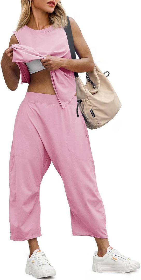 Fisoew Women's Summer 2 Piece Outfits Sleeveless Tank Tops Wide Leg Pocketed Pants Workout Sweat Sets (Pink) L