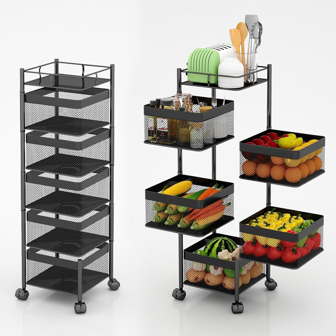 Fruit and Vegetable Basket for Kitchen No Assembly Rotating Storage Rack,Bathroom Storage Shelf, Kitchen Organizers and Storage Cart on Rolling Wheels(Black, 5 Tier-Square)