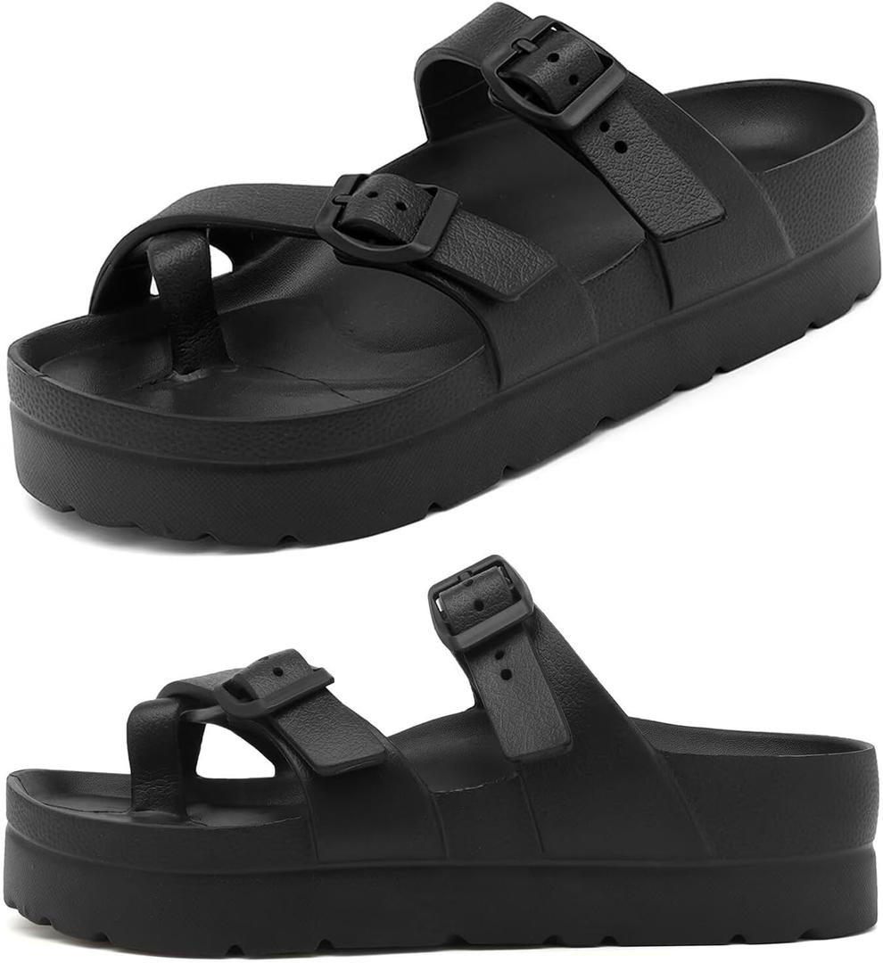 Haifago Women's Platform Sandals with Arch Support, Summer Beach Slides Adjustable Buckle Comfortable Lightweight EVA Slip on Slide (8, Toe Ring Flip Flops- Black)