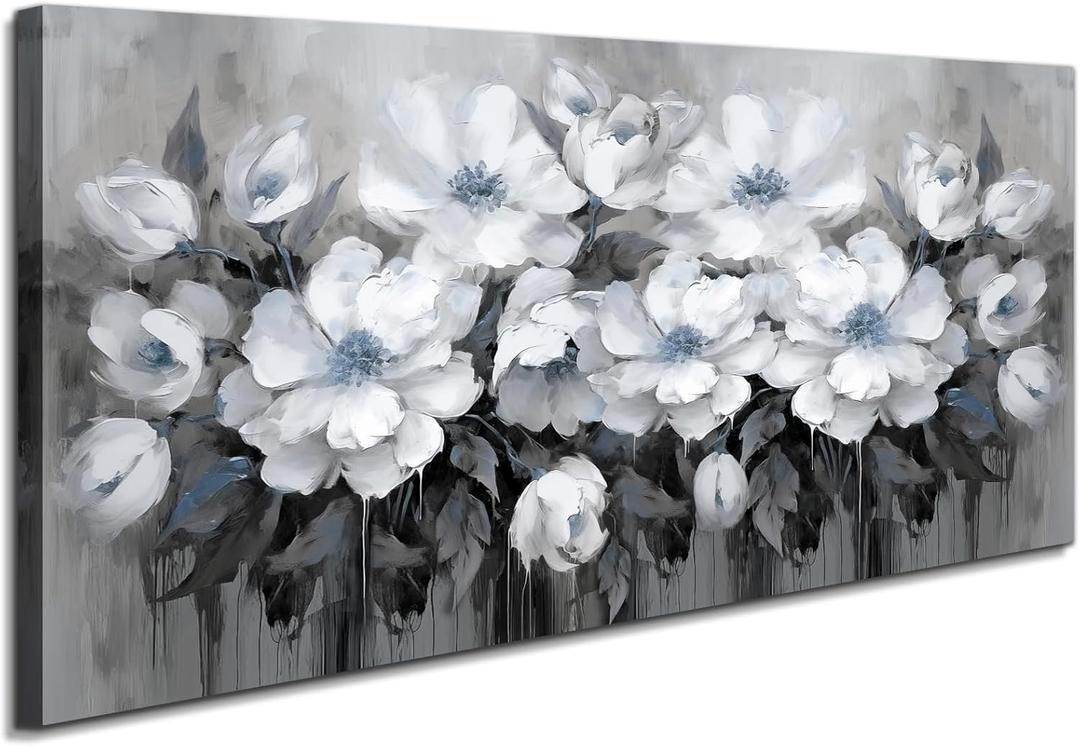 Living Room Wall Art,White and Blue-gray Flower Landscape for Living Room, Bedroom,Office, Canvas Wall Decor, 20x40 inches