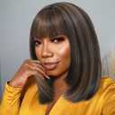 Brown Highlight Wig with Bangs Synthetic Wigs for Black Women Straight Bob Wigs with Bangs None Lace Front Short Wig with Pre Layered Cut Ready to Go Glueless Wig with Heat Resistant (16 Inch)