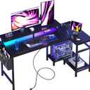 DUMOS Gaming Desk, Computer Desk with USB Charging Ports, Power Outlets, Type-C and LED Lights, Reversible L Shaped Desk with Storage Shelves & Monitor Stand for Office Gaming Room Black 48IN