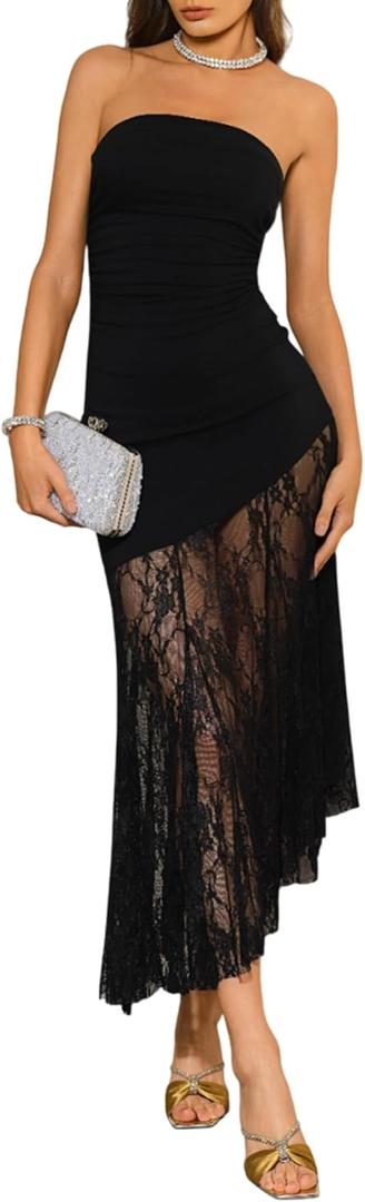 Women's Strapless Long Dress Sheer Lace Hem Cocktail Prom Bodycon Maxi Dresses (Black)