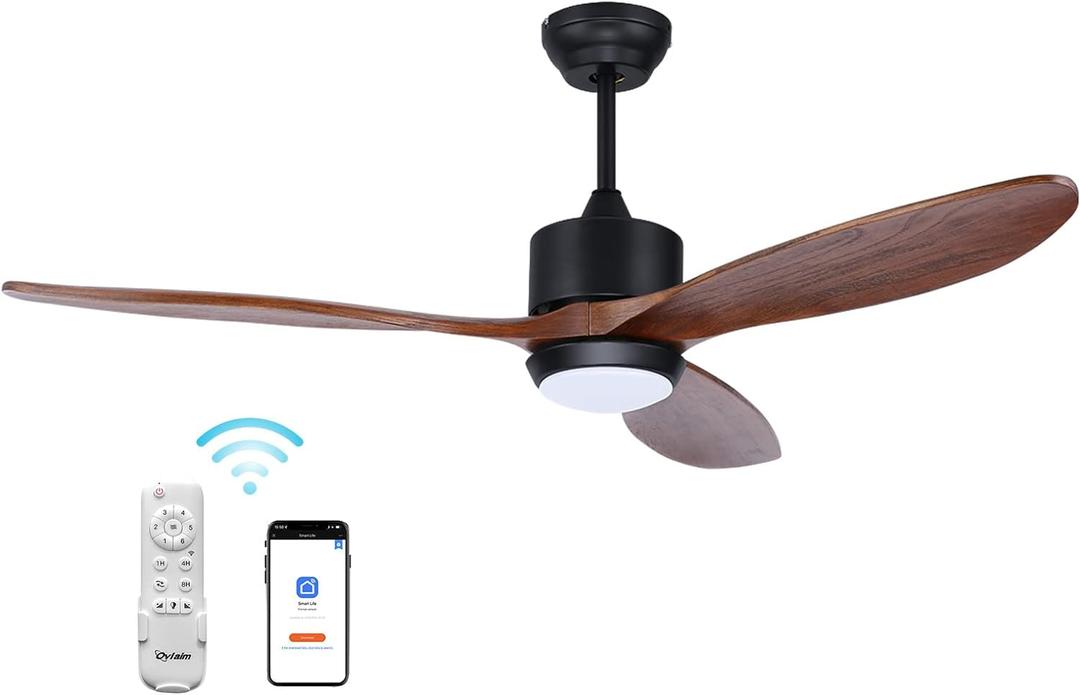 Ovlaim 60 Inch Indoor Outdoor Smart Ceiling Fans with Lights, Quiet DC Motor 3 Blade Large Walnut Wood Ceiling Fans with Remote and App Controls for Living Room