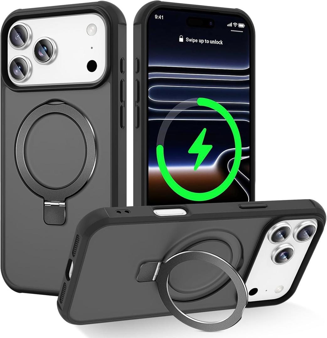 Magnetic Compatible with iPhone 17 Pro Case with Stand [Military Grade Drop Tested][Compatible with Magnet] Ring Translucent Slim Hard Back Soft Edge, Black