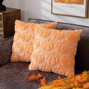 Pumpkin Fall Decorative Throw Pillow Covers 20"x20", Set of 2 Light Gold Soft Faux Fur Pillow Covers for Autumn Harvest, Fluffy Plush Accent Pillow Cases for Farmhouse Couch Cushion Covers