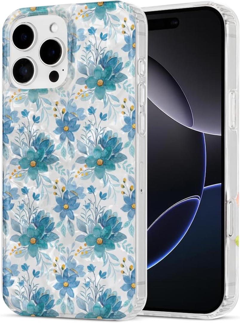 Case Compatible with iPhone 16 Pro, Floral Flower Pattern Aesthetic Phone Case for Women Girls Clear Shockproof Protective Phone Cover - Blue Cornflower