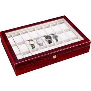 24 Slots Wooden Case Watch Display Box for Men Women Glass Top Collection Box Jewelry Storage Organizer Holder Storage Gifts (16.7" x 11.42" x 3.15", Bright Mahogany Red)