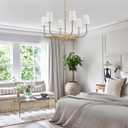 34" Boho Chandelier, with Creamy-White Fabric and Natural Rattan Arched Arms Shade Antique Brass Brush Paint Finish Pendant Lighting Fixture for Dining Room Living Room 6-Light