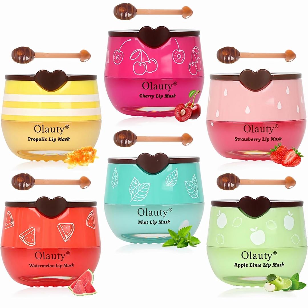 6 PCS Bee Lip Balm Lip Mask Honey Pot,Valentines Day Gifts,Propolis Lip Mask Overnight Moisturizing Lip Balm with Stick,Sleeping Lip mask Hydrating Prevention Dry & Cracked,Galentines Day Party Favors (Honey & Strawberry & Watermelon & Apple Lime & Cherry & Mint)