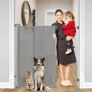 Reinforced 48" Extra Tall Dog Gate with Support Rods, 4 Ft Tall Retractable Dog Gates for Doorways 55" Wide Mesh Baby Gate for Cats - Prevent Baby/Pet from Jumping Over, Gray