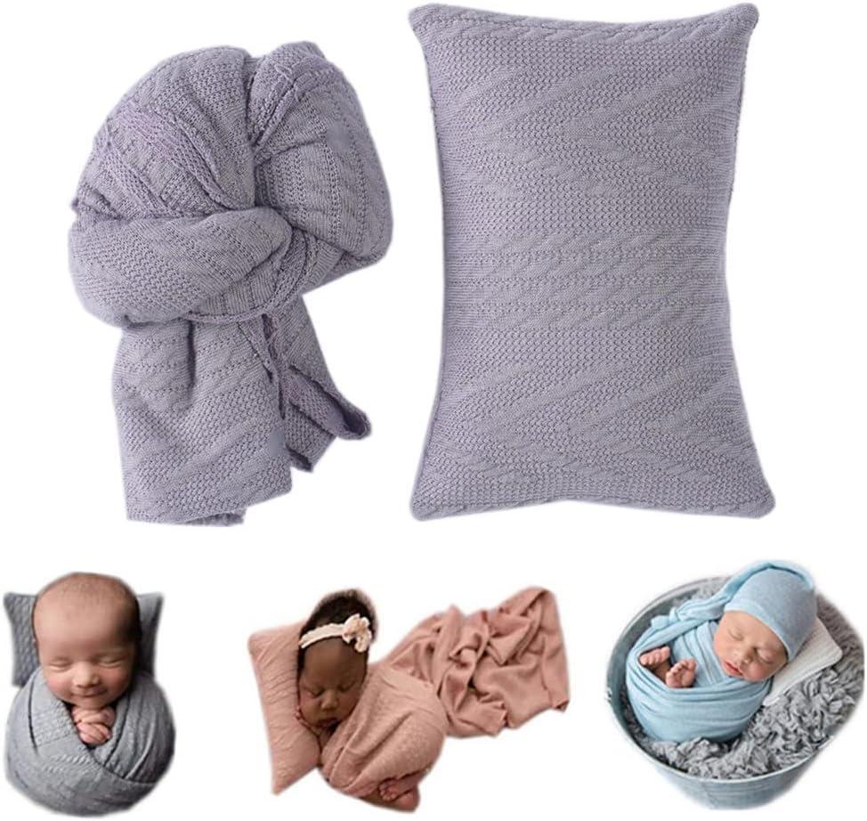 Coberllus Newborn Photography Props Blanket Stretch Knitted Twist Wrap & Posing Pad Prop for Baby Boys Girls Photo Shoot Set (Gray)