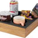 Couch Cup Holder Tray, Soft Food Grade Silicone Acacia Wooden Couch Caddy for Bed Car Seat Beach Organizer, Waterproof Anti-Spill Couch Drink Holder for Snacks Beverage Remote (Black) (10*10*3 IN)