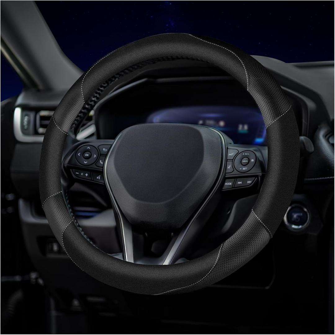 Soft Leather Steering Wheel Cover with Breathable Design and Anti-Slip Grip, Fully Compatible with Tesla, Toyota, Honda, Nissan 14.2-14.96 inch Round Steering Wheel (Sedans and SUVs） (DOUBLE-BLACK)