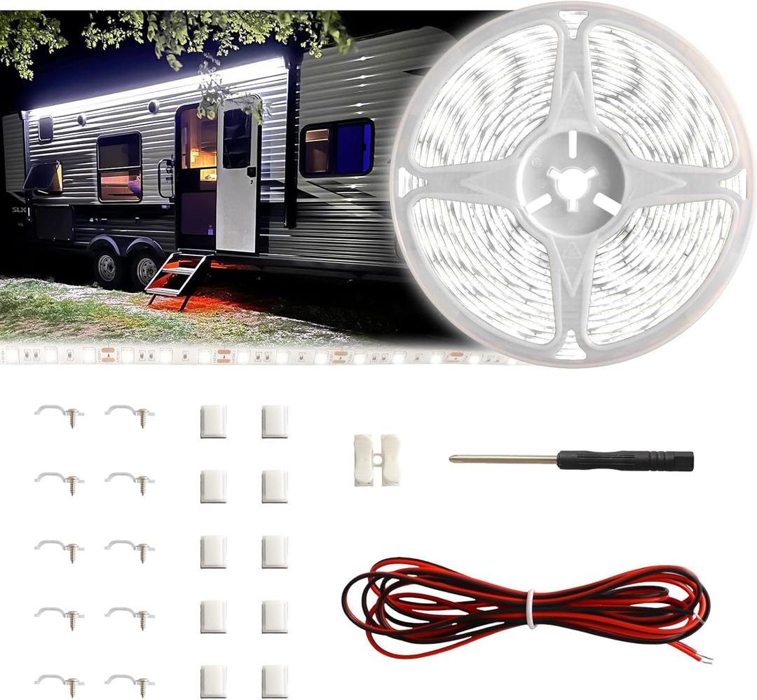 Yiswhis 20FT RV Awning LED Light Strip, 12V Fixed Brightness Camper Awning Lights Waterproof, Motorhome Exterior Underglow Lighting Strips Kit for Canopy Parties BBQ Food Truck Decor