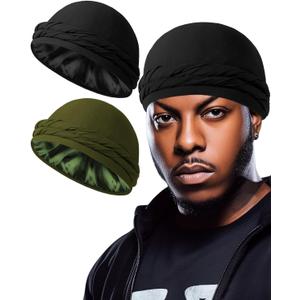 BEACE Silk Satin Lined Pre-Tied Turban Durag Head Wrap for Men & Women, Halo Turban Skull Cap Bonnet Hair Cover for Sleeping (X-Large, Black/Green)