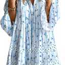 Opemiby Summer Dresses for Women 2026 Flowy Ruffle 3/ 4 Sleeve V Neck Tiered Casual Babydoll Boho Beach Mini Dress Blue White Flowers XXL