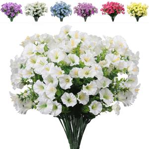 6 Bundles Artificial Morning Glory Fake Boxwood Shrubs UV Resistant No Fade Faux Greenery Plastic Petunia for Home Garden Hanging Planter Indoor Outdoor Porch Patio Wedding Decoration(White)