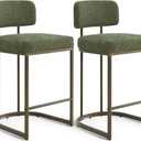 26" H Counter Height Bar Stools Set of 2, Modern Linen Fabric Upholstered Barstools with Backrest for Kitchen Island, Gold Metal Frames, Green