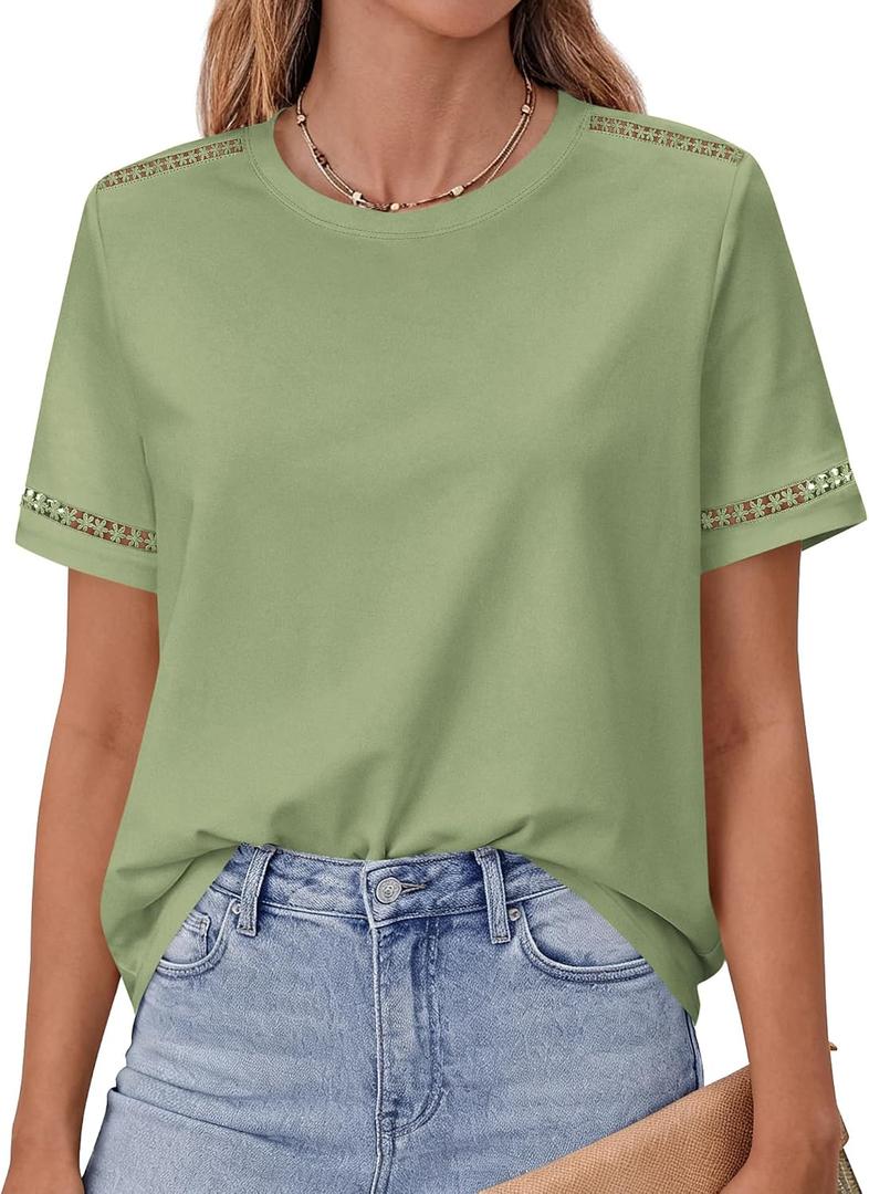 BTFBM Short Sleeve Shirts for Women 2026 Lace Summer Tops Spring Casual Loose Crew Neck T-Shirt Cute Vacation Outfits (S)