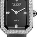 ROCOSJEWE Square Luxury Dress Watch, Small Black Dial with Diamond Accents, Silver Bezel & Black Leather Band, Elegant Retro Wrist Watch, Waterproof Women's Quartz Watch, Ideal Gift for Her R0249