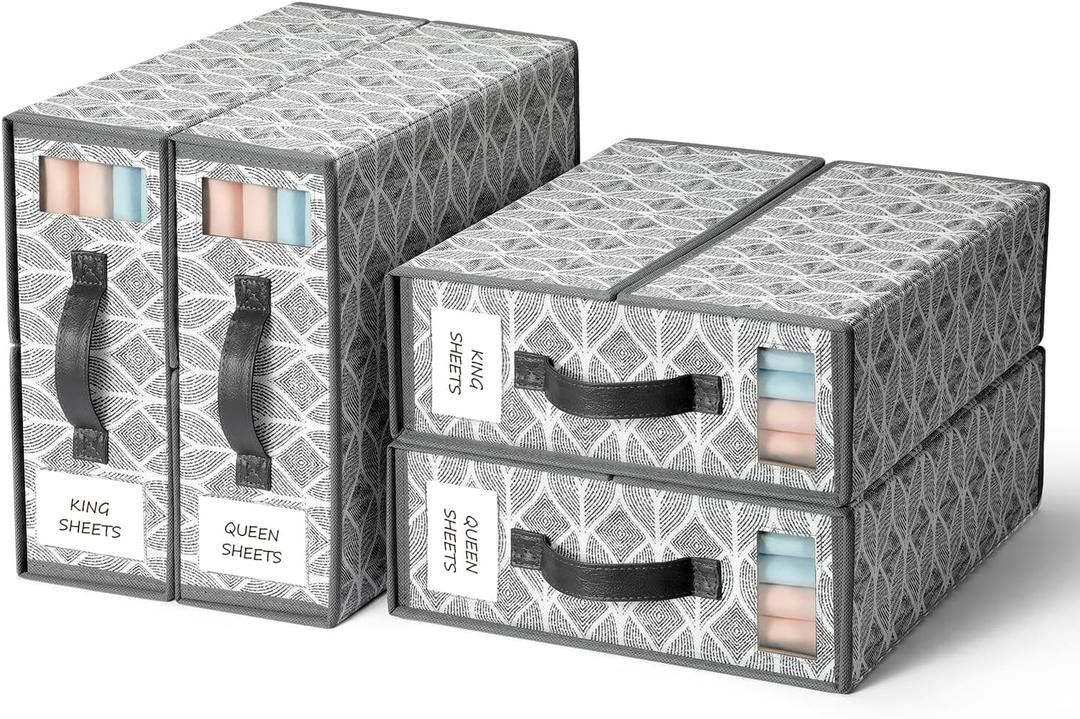 Yecaye 4 Pack Sheet Organizers and Storage with Clear Window and Label, Foldable Bed sheet Organizer for Linen Closet, Fabric Bedding Storage Box for Duvet Covers, Pillowcases, Queen & King Size, Grey