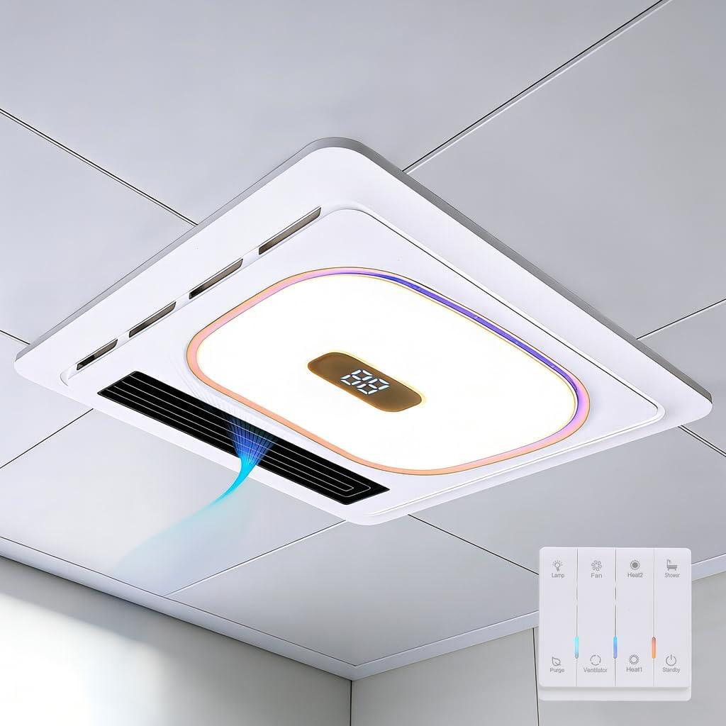 4-in-1 Bathroom Exhaust Fan with 1800W Heater, LED Light with 4 RGB Modes, Bluetooth Speaker & Remote Control, 180 CFM, 1.0 Sone Quiet Ceiling Fan for Heating, Ventilation for Kid Bathroom Home Shower, Medium