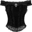 SHENHE Women's Goth Top Lace Trim Velvet Off Shoulder Short Sleeve Punk Top Shirt (Medium, Black)