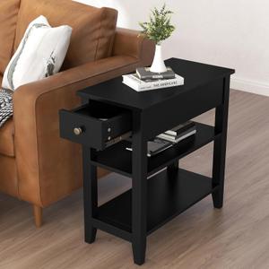 ChooChoo Side Table Living Room, Narrow End Table with Drawer and Shelf, 3-Tier Sofa End Table for Small Space, Black, 23.6 x 11.2 x 24.0