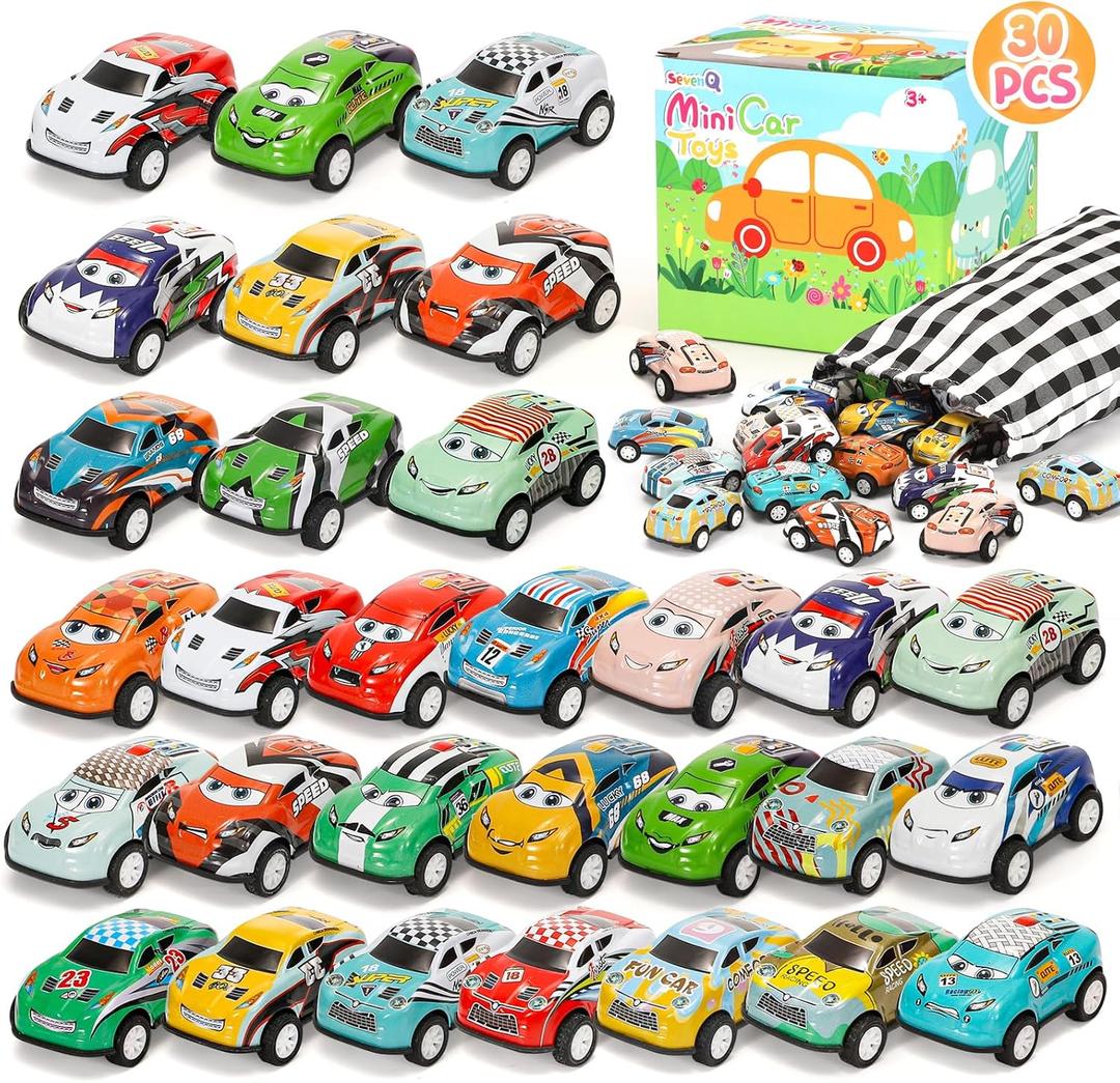 SevenQ Toy Cars for Kids Ages 4-8, 30Pcs Pull Back Cars Playset with Storage Bags, Race Car Party Favors for Toddler Boys Girls Treasure Box Prizes Rewards Mini Toys