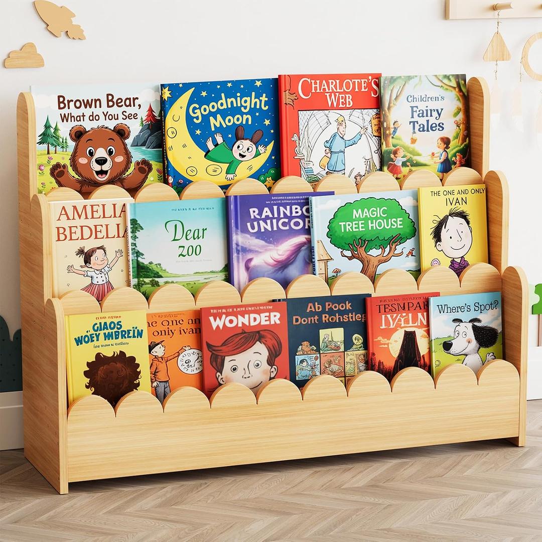 SpaceAid 3-Tier Scalloped Bookshelf, Montessori Bookcase for Toddlers, Wooden Book Shelf Organizer Display Furniture for Kids Rooms, Playroom, Nursery and Classroom, 36.7 Wide, Natural