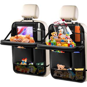 2Pack Car Backseat Organizer with Foldable Table Tray,6 Storage Pockets Car Storage Organizer with Tablet Holder,Car Seat Back Protectors Kick Mats Travel Accessories (Black)