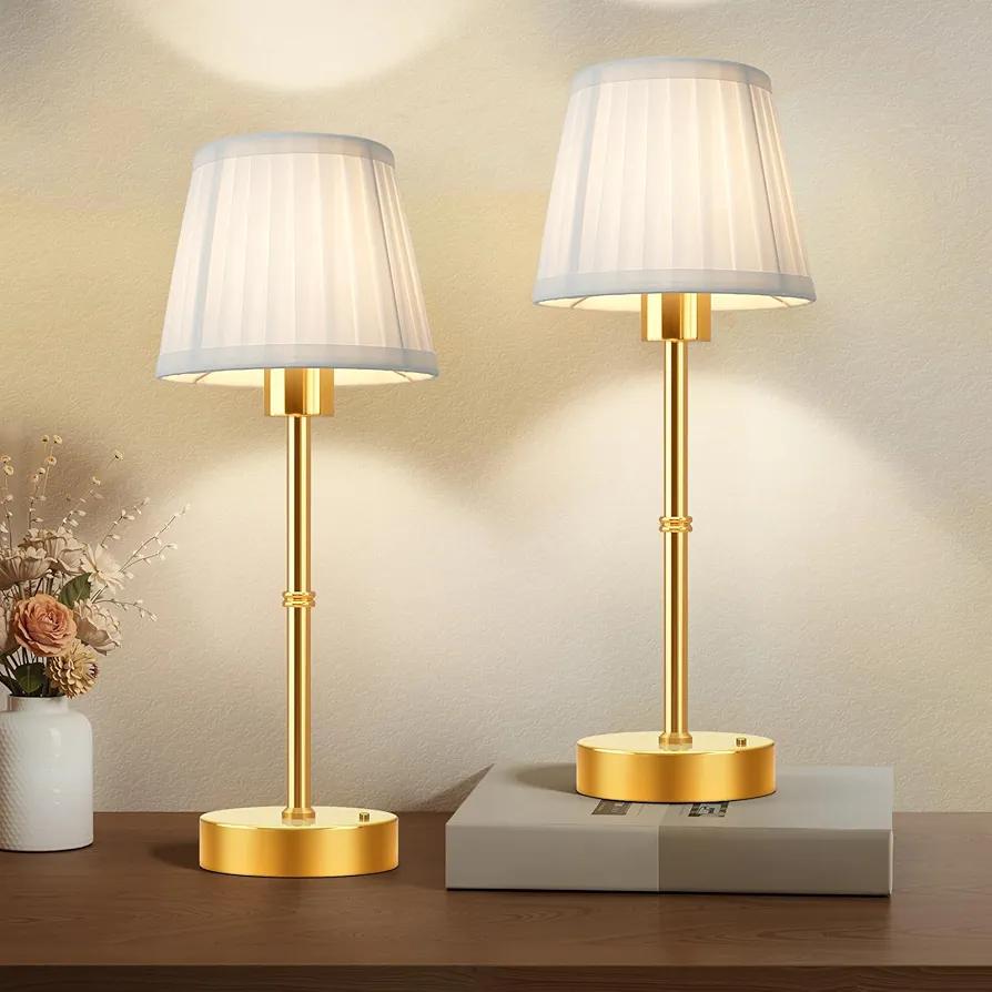 FRIDEKO HOME Portables Cordless Table Lamp Set of 2, Wireless Rechargeable Battery Fabric Shade Desk Lamp, Powered Lighting Dimmable Light for Dining Room Bedroom Bedside Bar Night Light