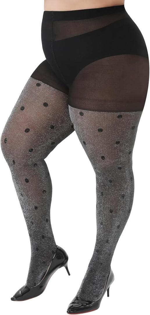 WiliW Polka Dot Plus Size Tights for Women Shimmer Patterned High Waist Tights 40D Shiny Sheer Black Pantyhose (3X-Large-4X-Large Plus)