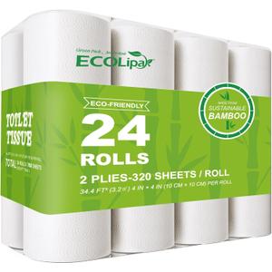 ECOLipak Bamboo Toilet Paper, Septic Safe Toilet Tissue, 24 Double Rolls, 320 Sheets Per Roll, Tree Free, Non Toxic, 2 Ply, Soft and Absorbent, Eco Friendly Dye-Free Paper