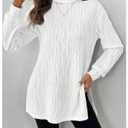 Verdusa Women's Textured High Neck Long Sleeve T Shirts Split Side Long Tee Tops Fall Outfits White Large (White, L)